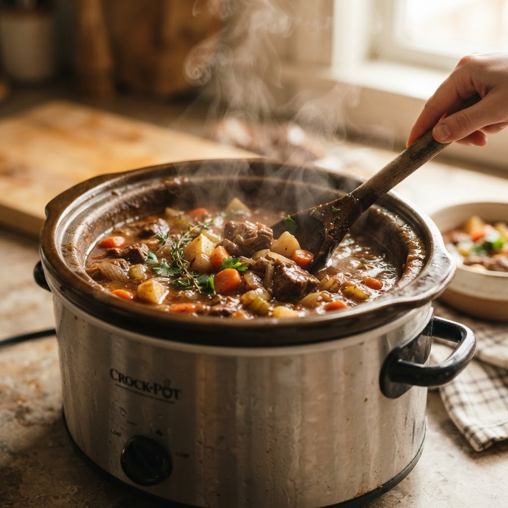 The rich, thick texture of a well-cooked beef stew bubbling in the slow cooker.