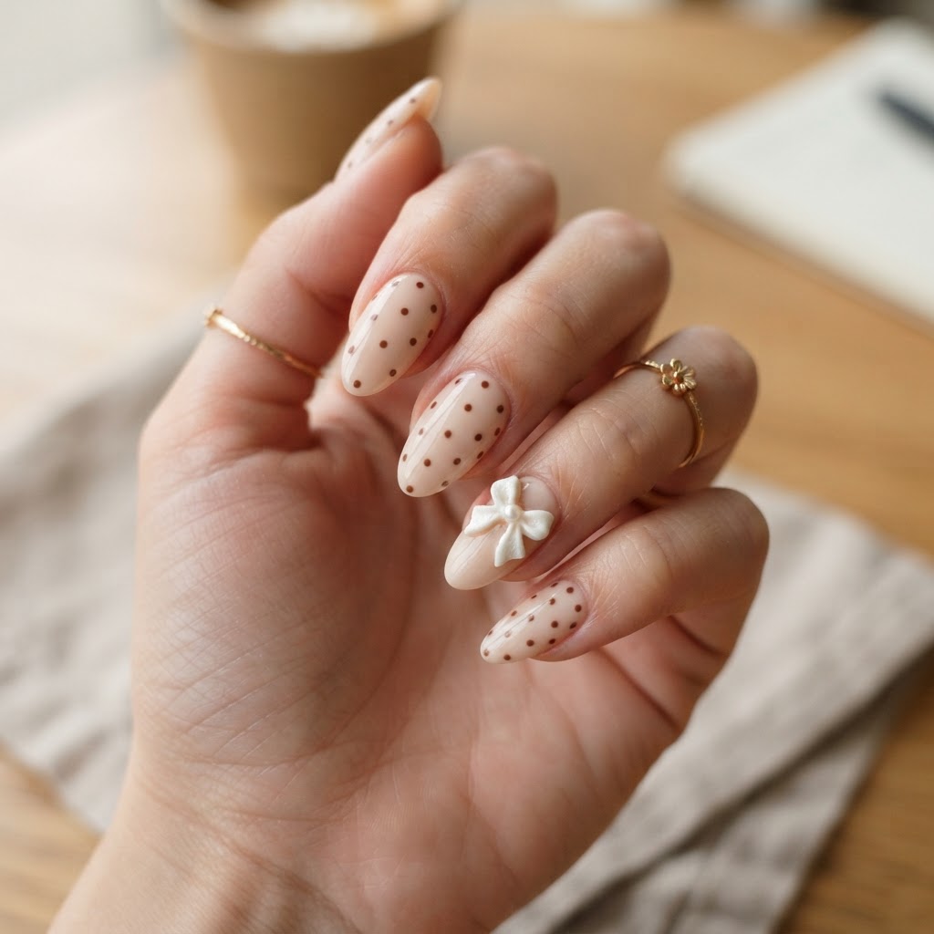 Elegant brown coquette nails with chocolate polka dots and bow accents.