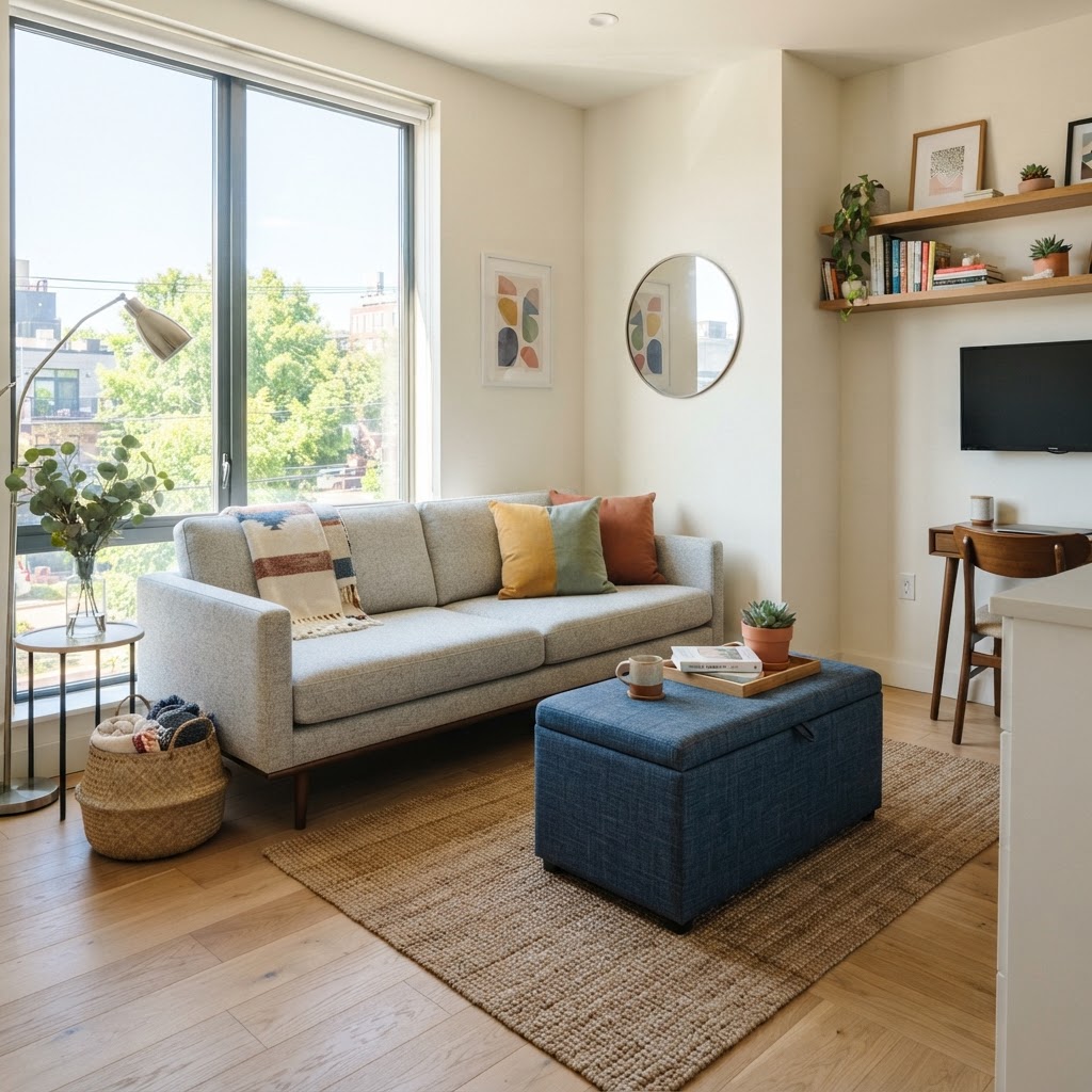 Multi-functional, slim-legged furniture keeps a small room feeling organized and open.