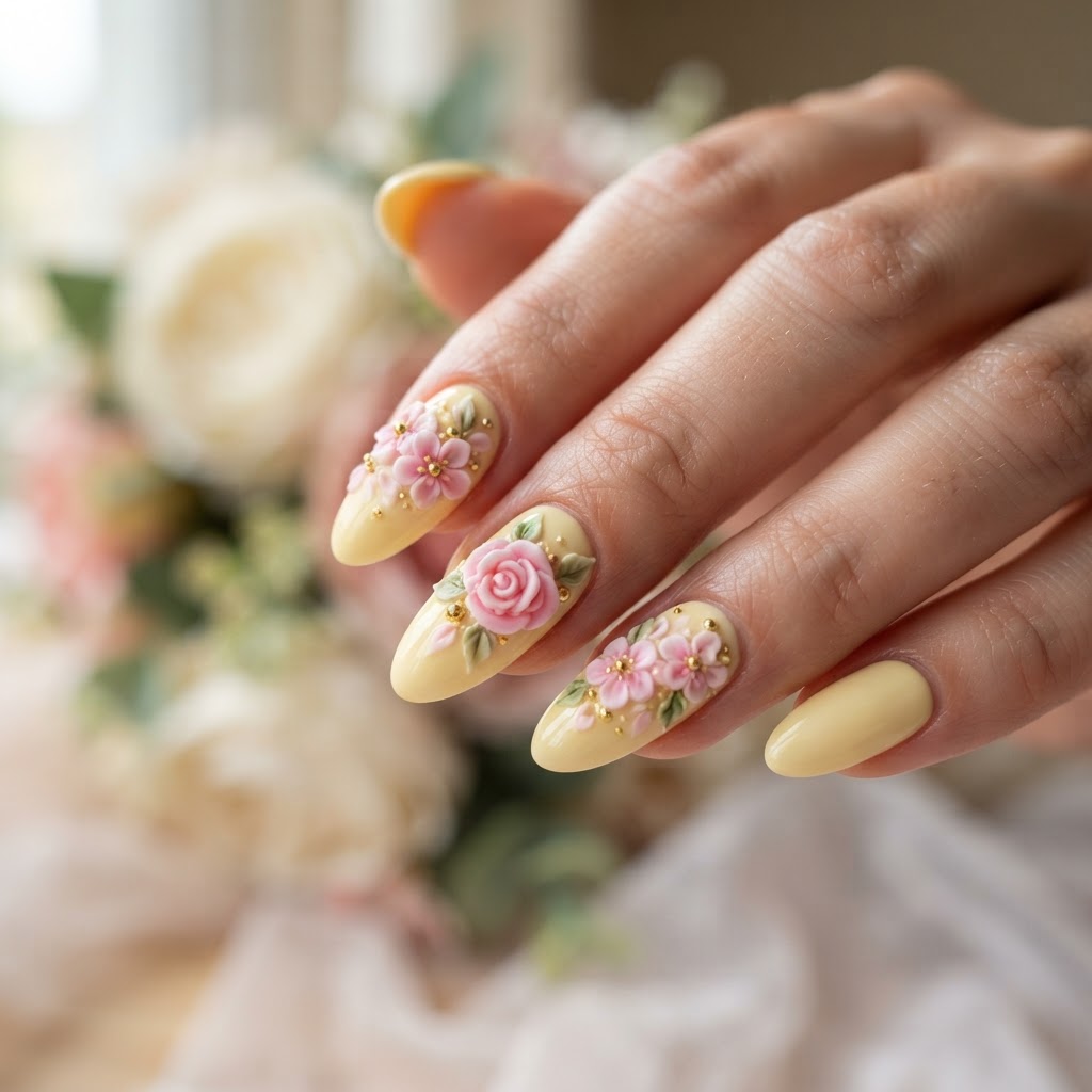 Butter yellow almond nails with 3D pink flower accents.