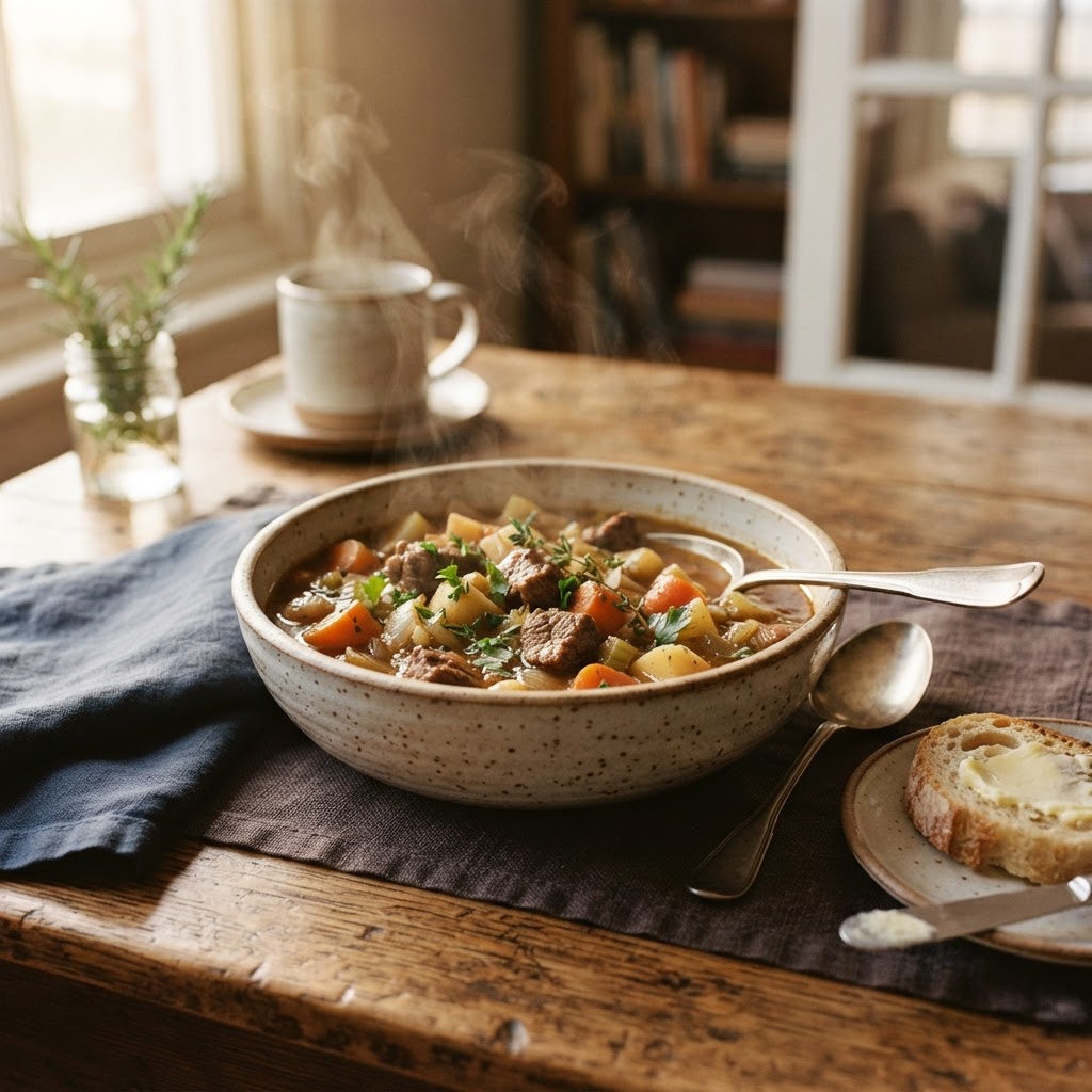 A steaming, comforting bowl of slow cooker beef stew perfect for a cold winter dinner.