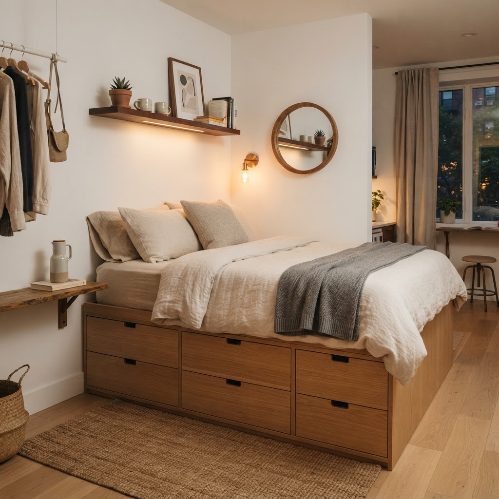 Maximize your footprint with a bed that offers hidden storage.