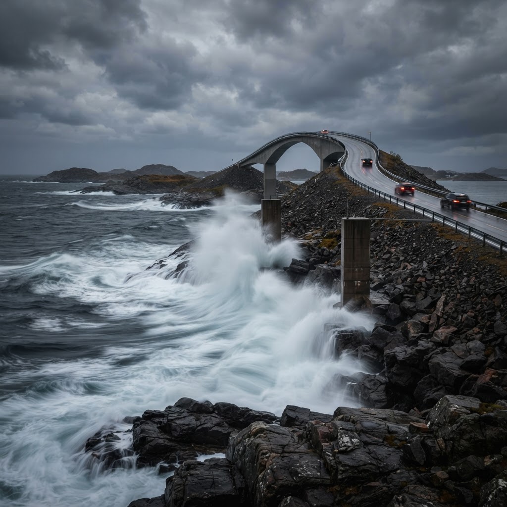 The raw power of the Atlantic Ocean crashing against the bridge foundations.