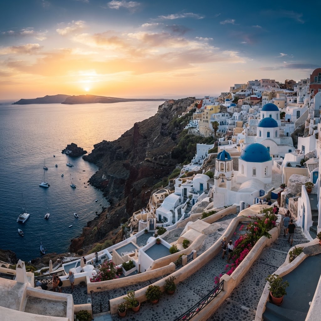 The iconic cliffside view of Santorini at sunset.