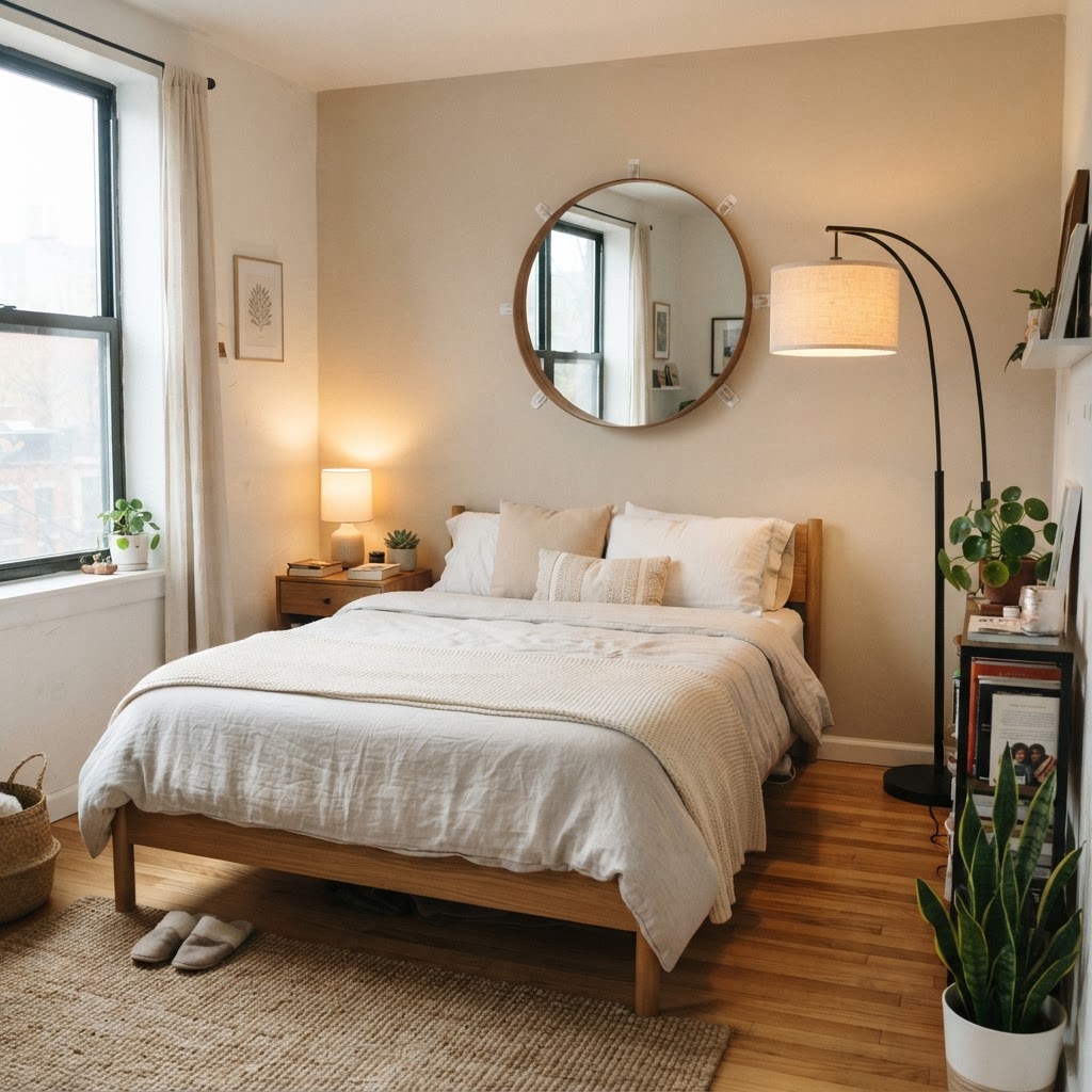 Maximize space with clever wall decor and layered lighting.