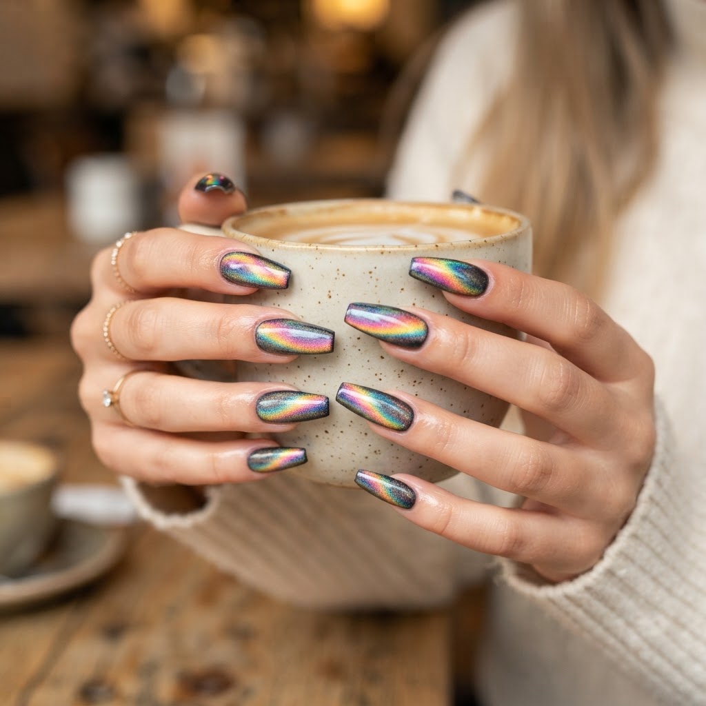 The finished look: beautiful rainbow cat-eye fake nails.