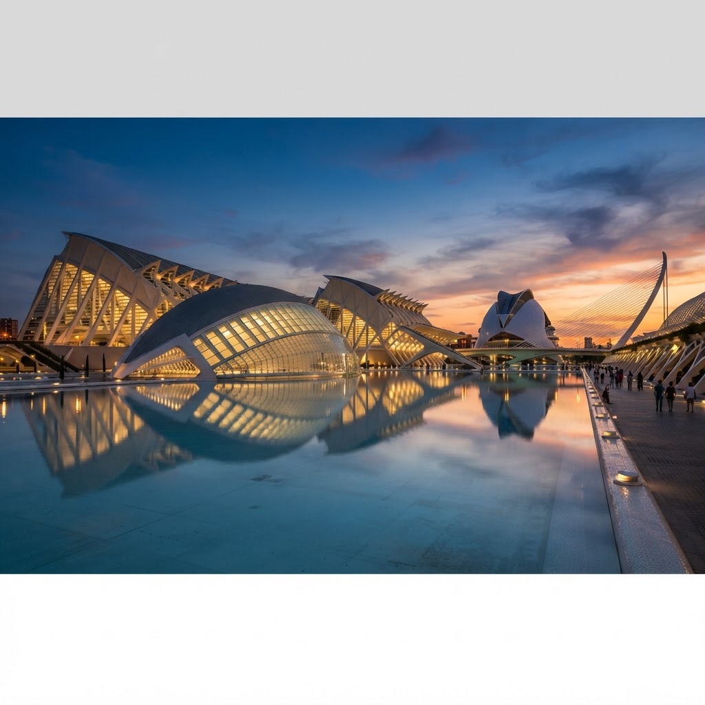 The futuristic City of Arts and Sciences at dusk.