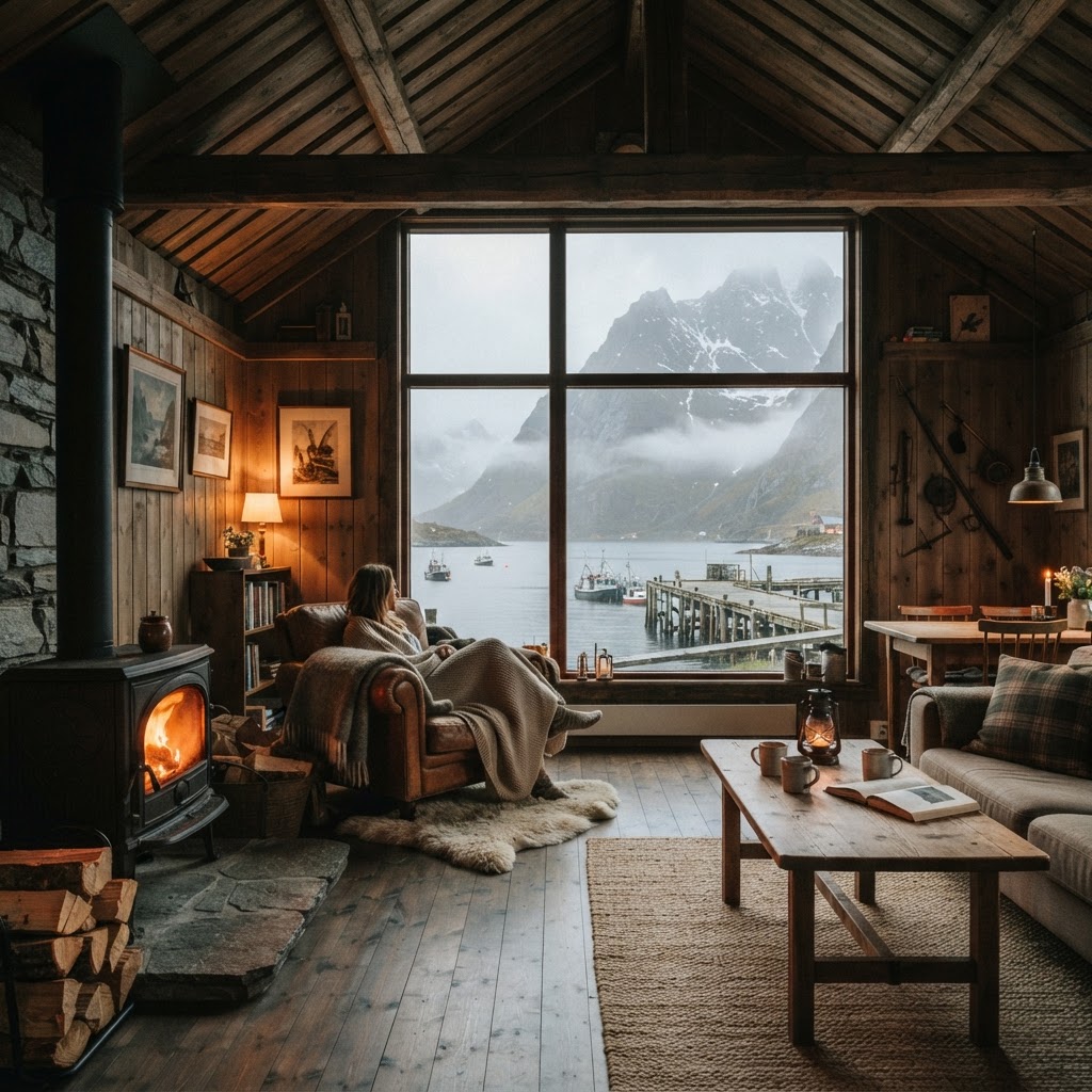 Inside a cozy Rorbuer, where history meets modern comfort.
