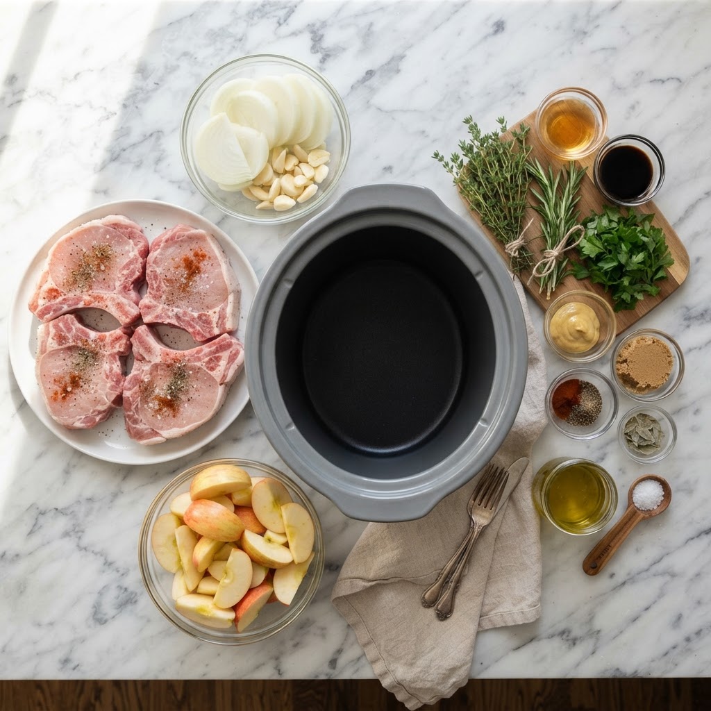 Essential ingredients for preparing the ultimate pork dinner.