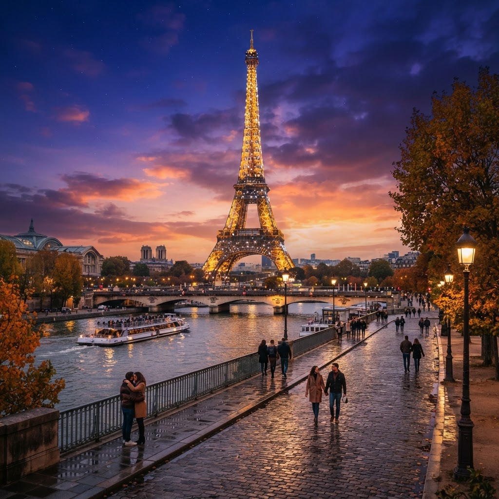 The iconic Eiffel Tower glowing against a vibrant twilight sky.
