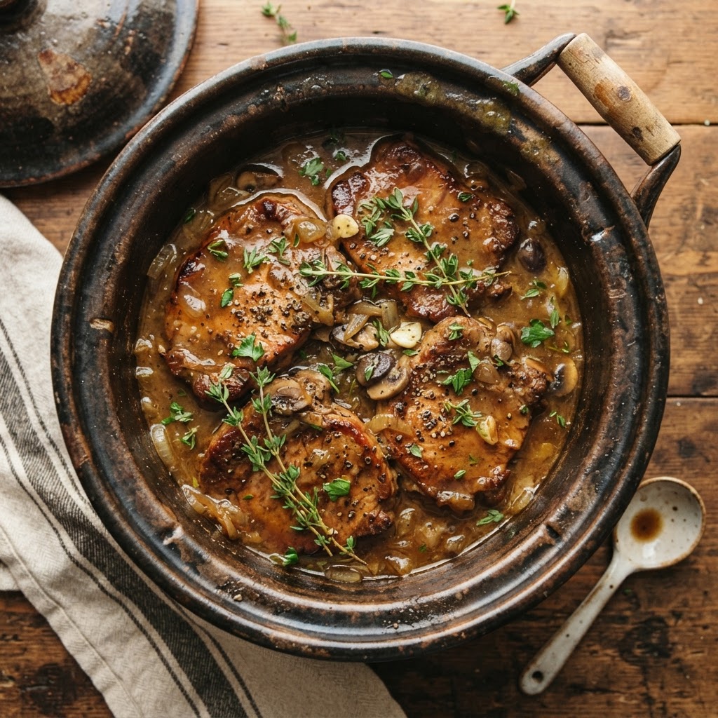 The perfect finished tender crockpot pork chops with gravy ready to serve.