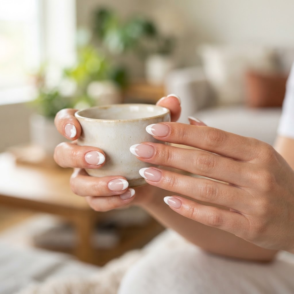 Classic almond French tip press-on nails for a timeless look.