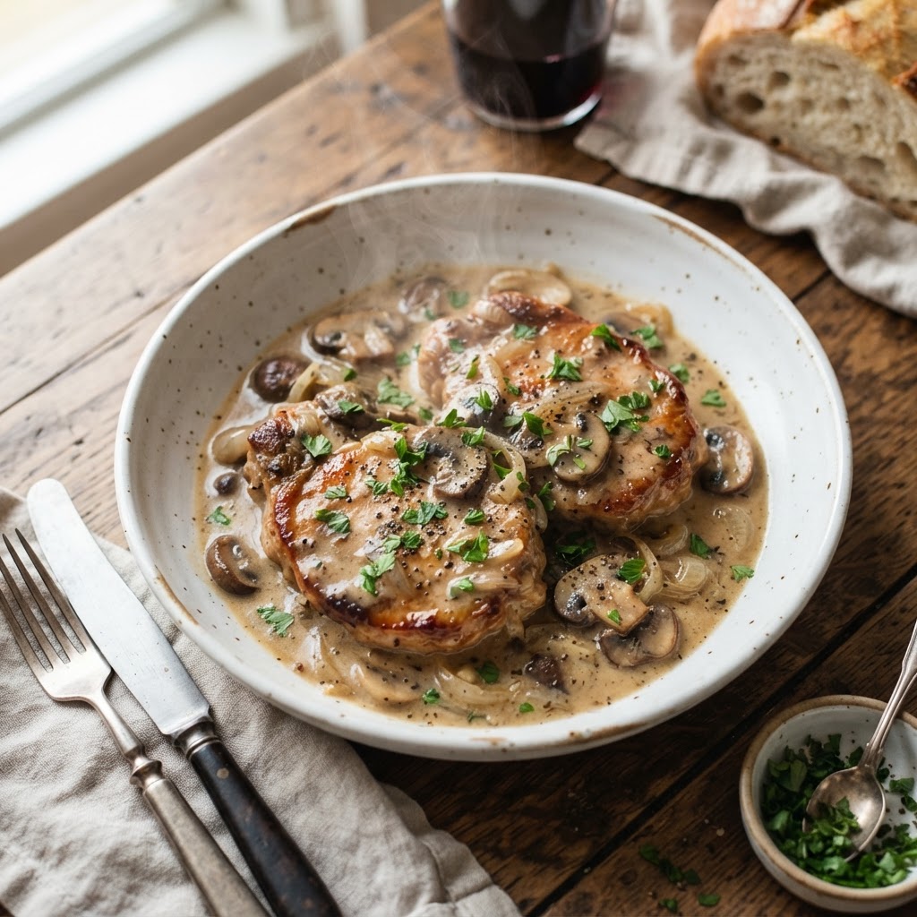 Tender, creamy mushroom slow cooker pork chops garnished with fresh herbs.