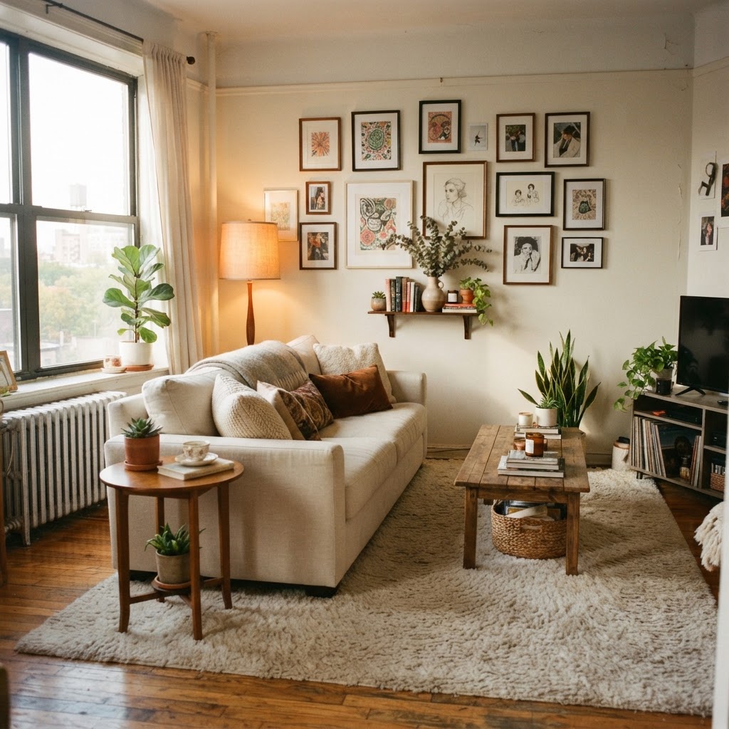 Transform a sterile apartment into a warm sanctuary with layered lighting and wall decor.
