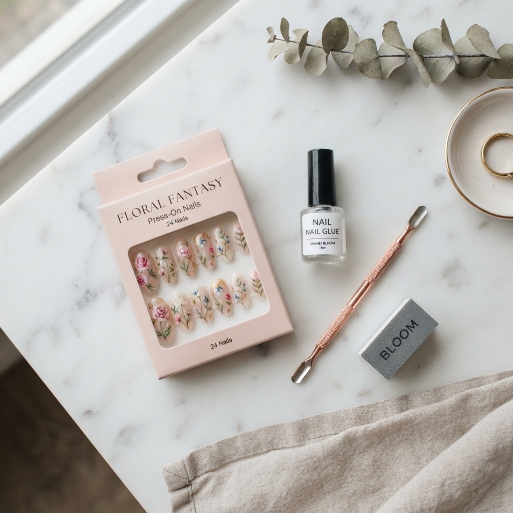 Essential tools for a perfect press-on manicure.