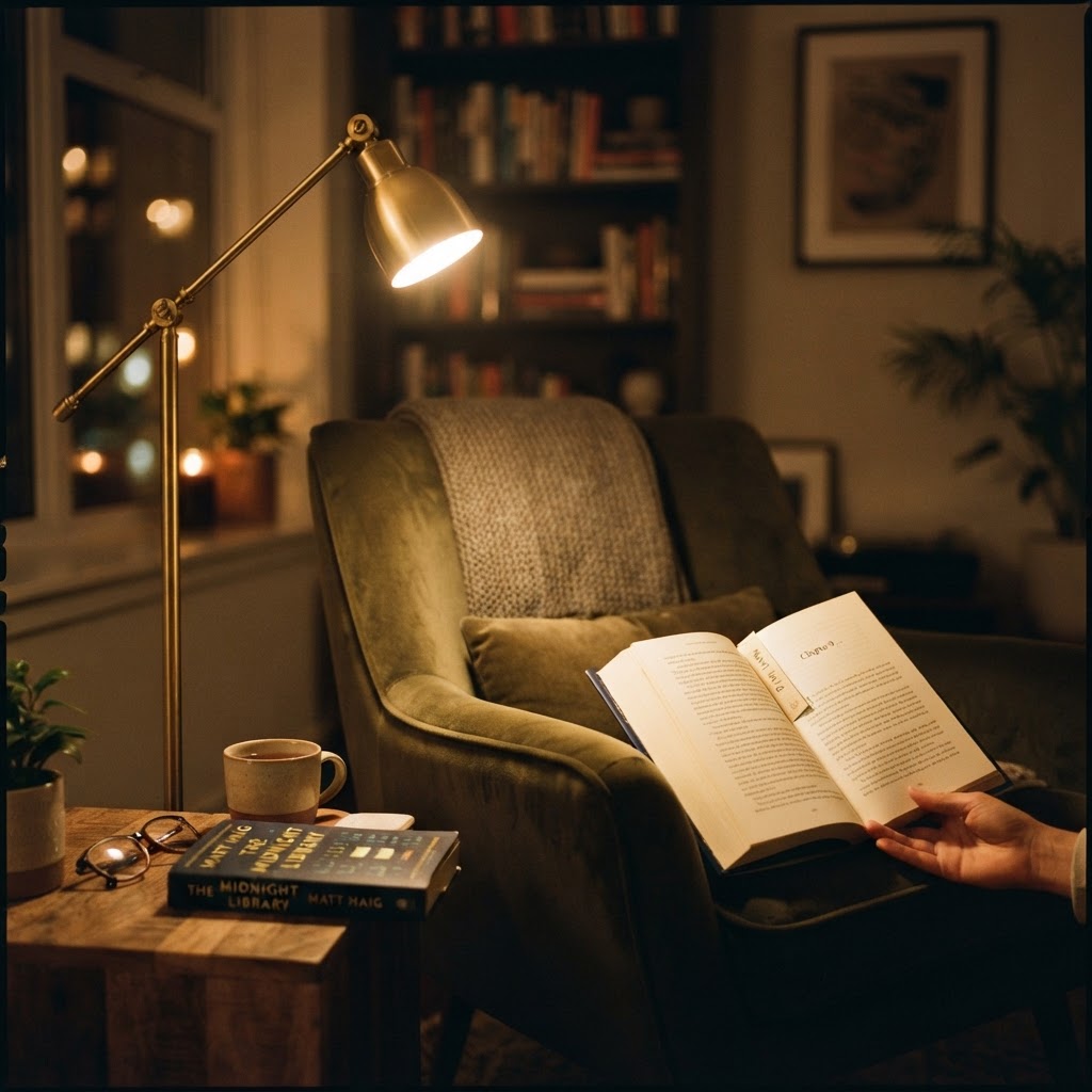 A dedicated reading nook illuminated by soft, warm task lighting.