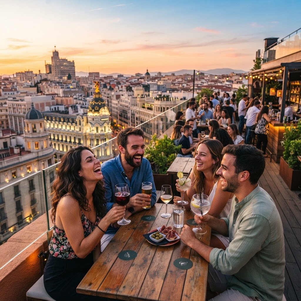 Sunset Over the Rooftops of Madrid: A Guide to the Best Views 5 Socializing on a terrace as the sun goes down.