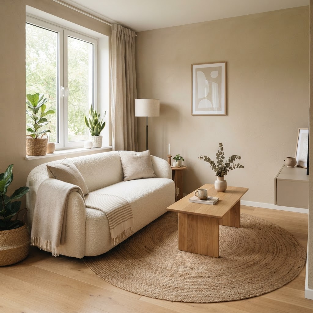 A cozy, minimalist living room utilizing a beige palette to create an airy feel.