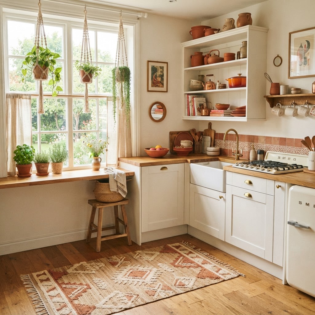 Textured textiles and plants create a warm, inviting bohemian atmosphere.
