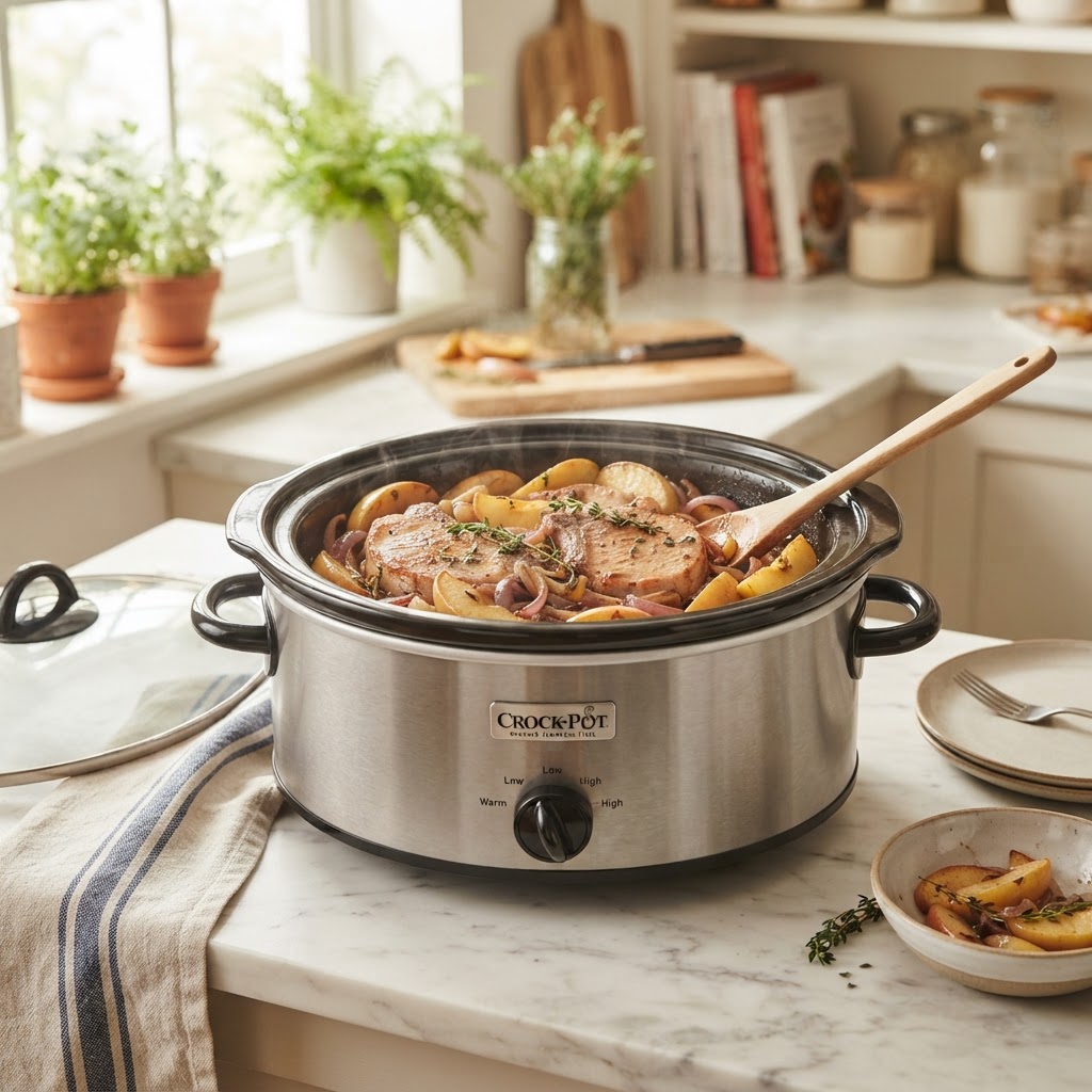 A healthy, balanced pork chop meal prepared in the crockpot.