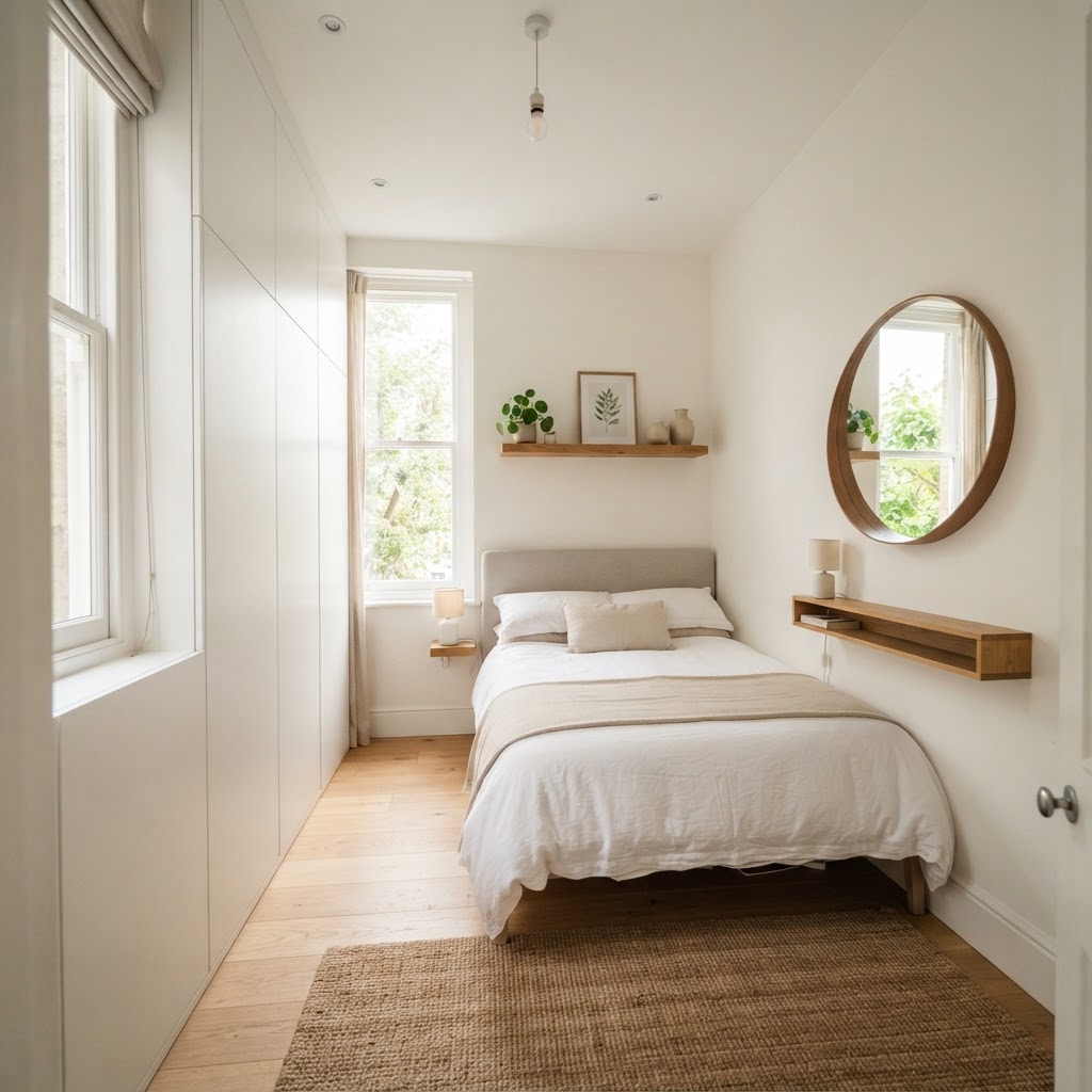 Efficient storage and mirror placement to maximize a small bedroom layout.