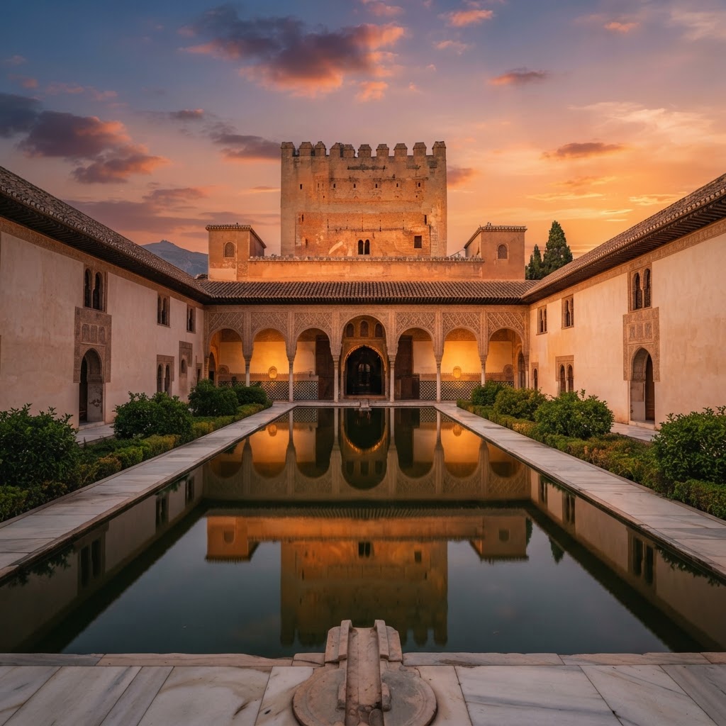 The serene and historic Alhambra at sunset.