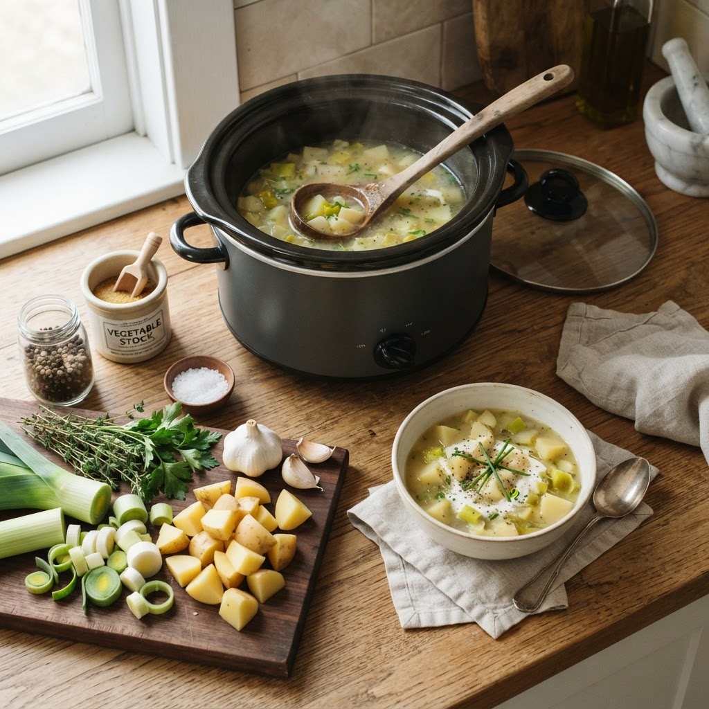 Essential ingredients prepped and ready for a homemade slow cooker soup.