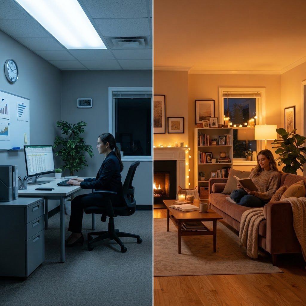 The visual difference between cool lighting and warm, cozy lighting.