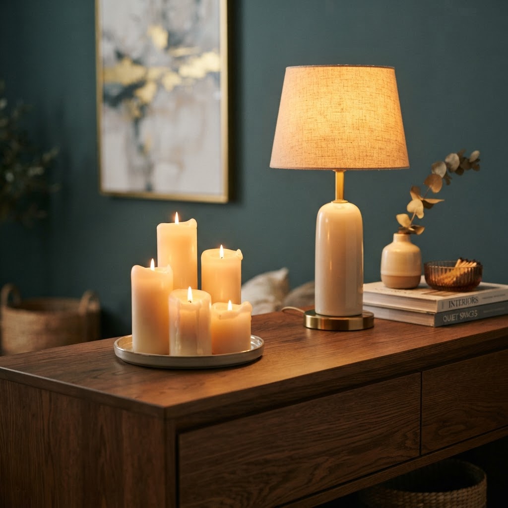 Grouping candles and small lamps adds a warm, personal touch to your decor.