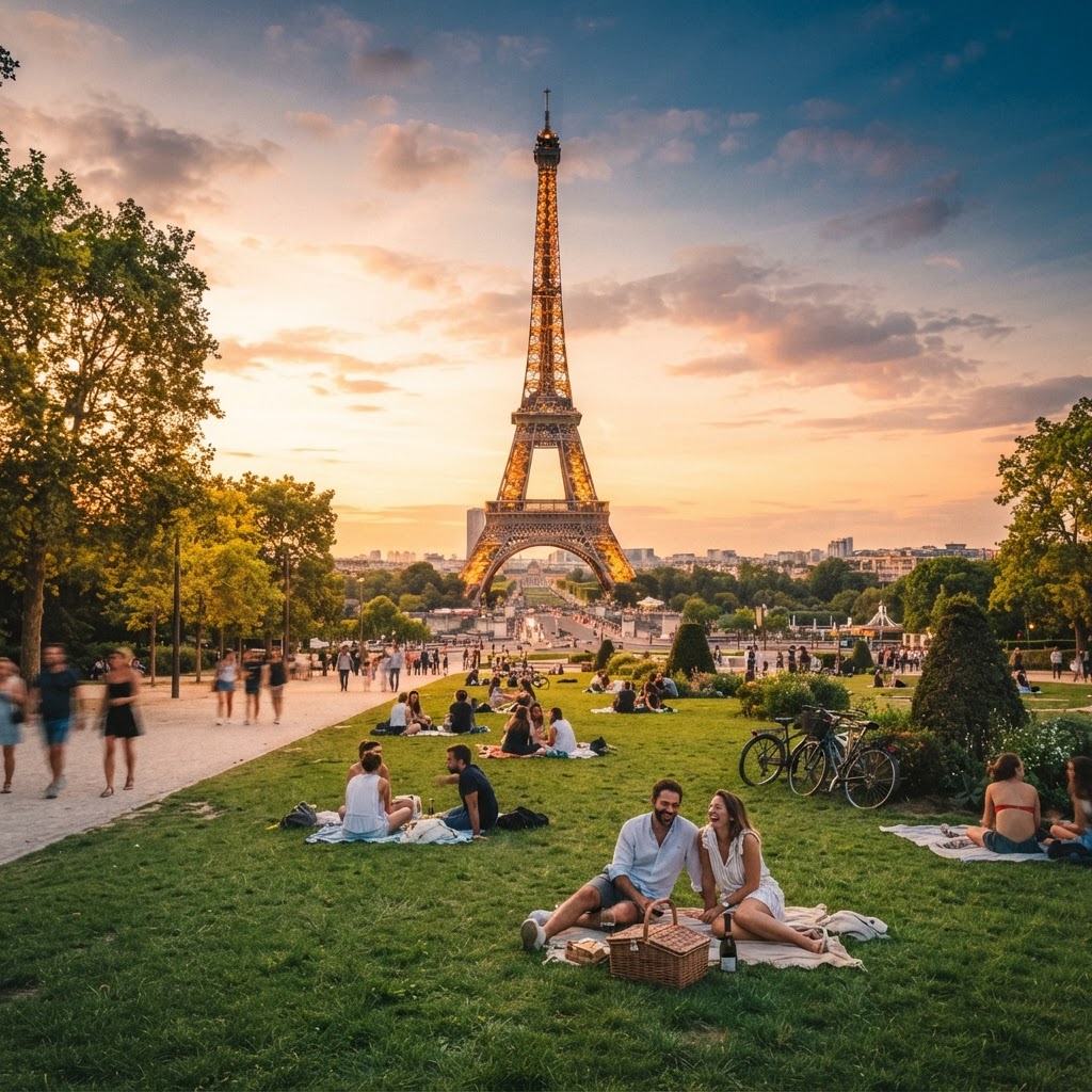 Relaxing at the Champ de Mars during the sunset.