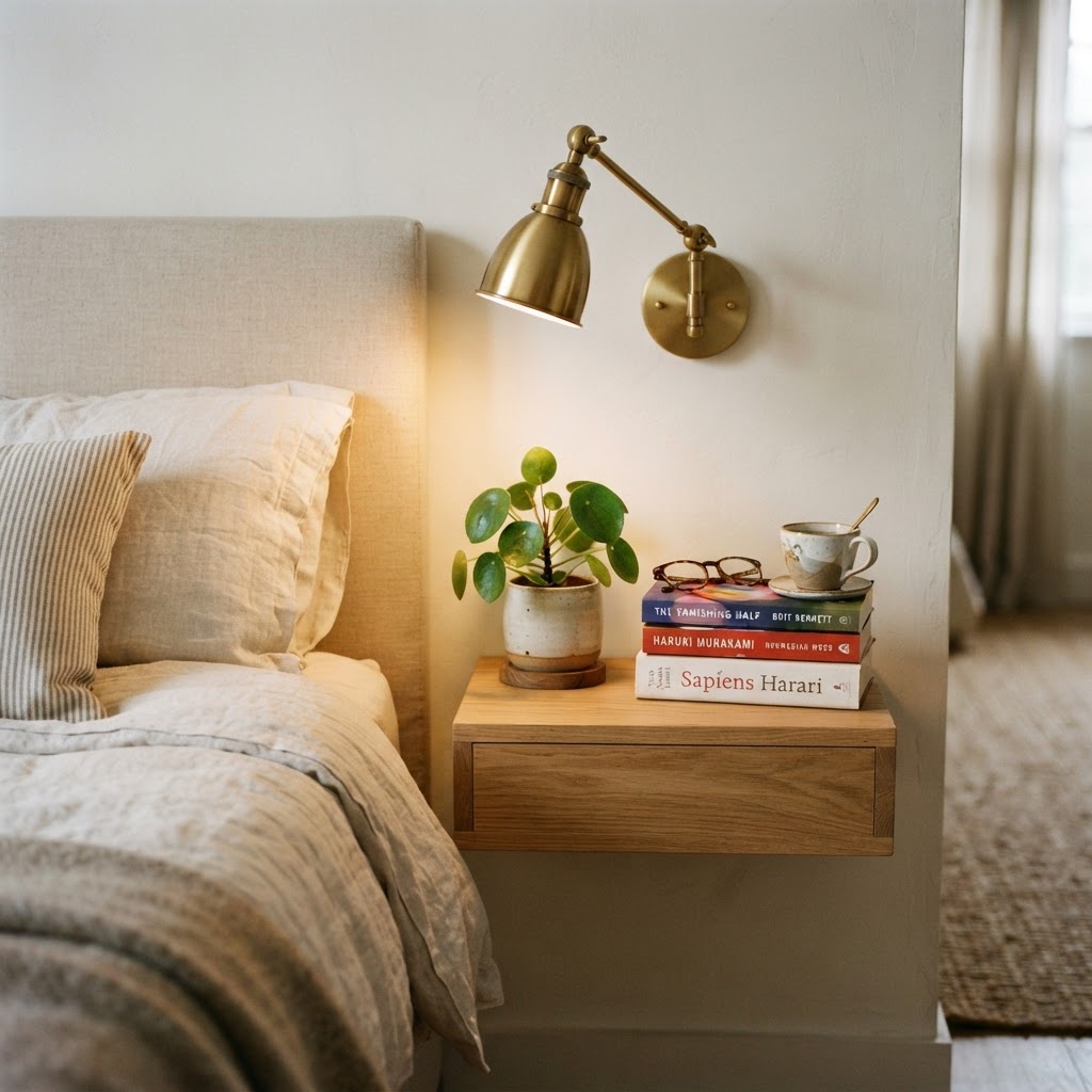 Floating bedside shelves save valuable floor area while keeping essentials within easy reach for both partners.