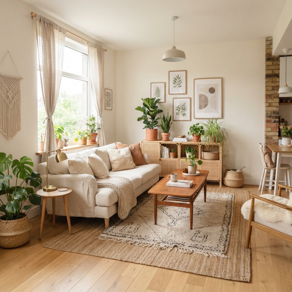 Layering rugs and adding greenery can instantly make a small rental feel luxurious.