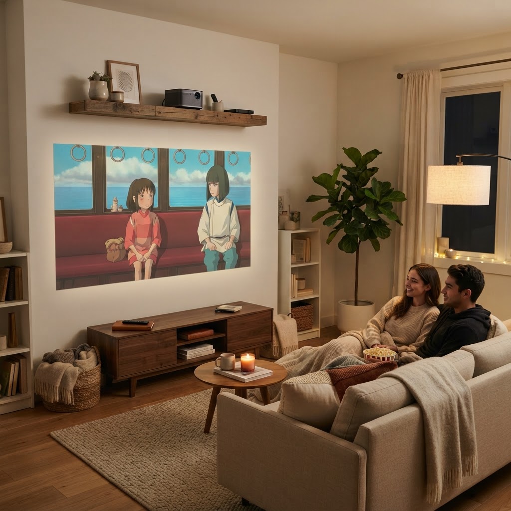 A minimalist setup using a floating shelf for the projector to save floor space.