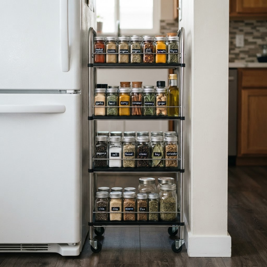 A slim rolling cart fits into the tightest kitchen gaps.