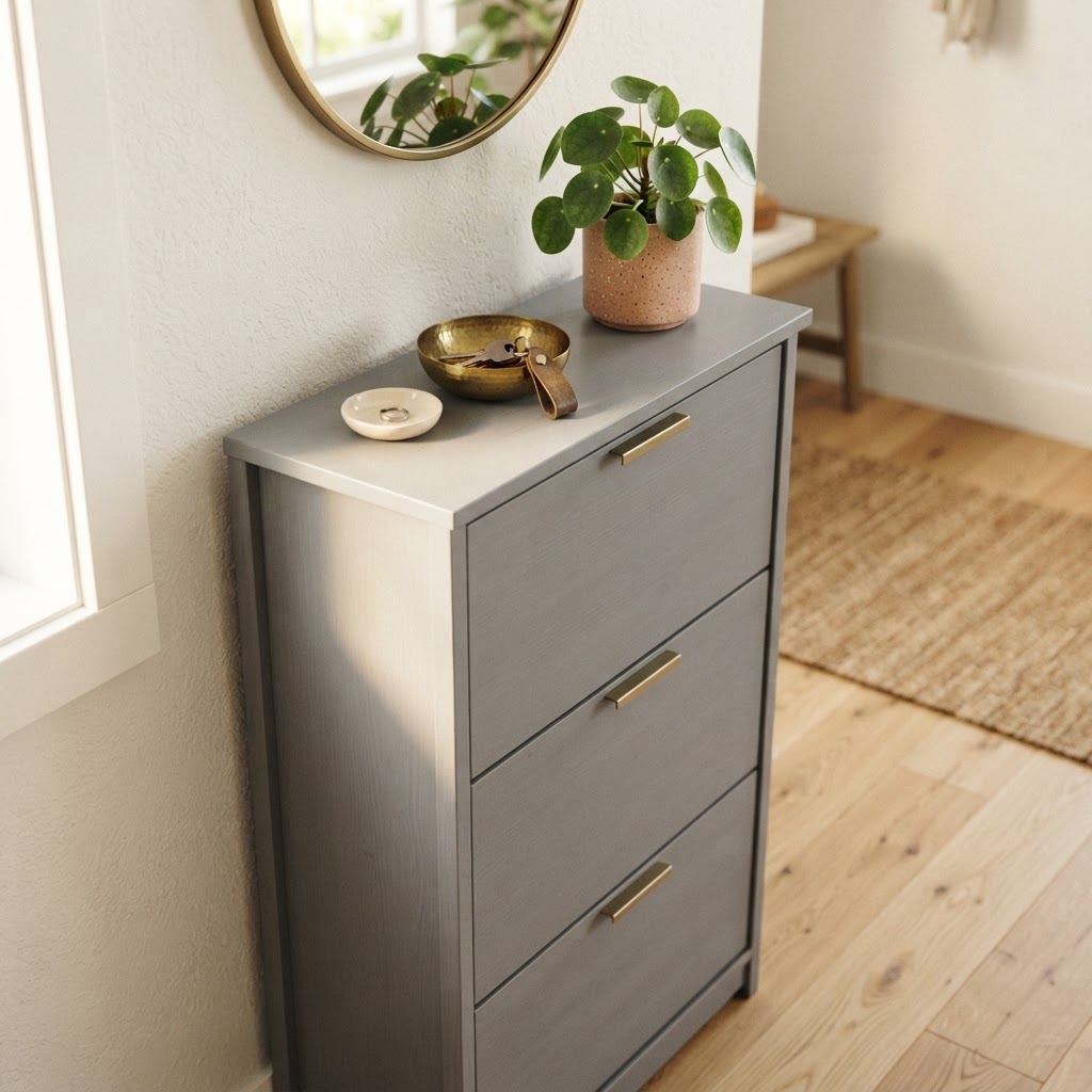 Small details like plants and trays elevate your shoe storage.