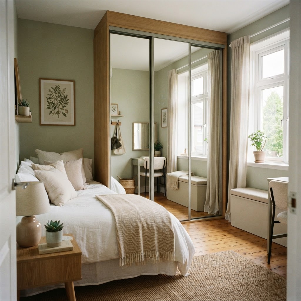 Mirrored wardrobe doors make small bedrooms appear larger.