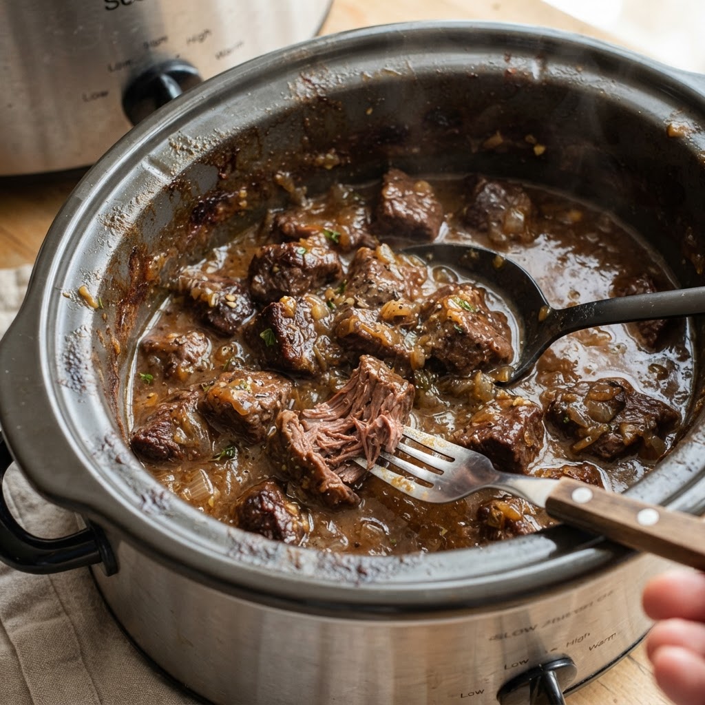 Tender, slow-cooked beef tips in a savory glaze.
