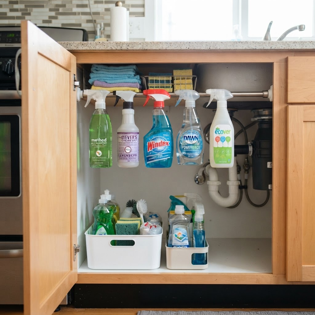 Tension rods are a simple way to hang spray bottles vertically.