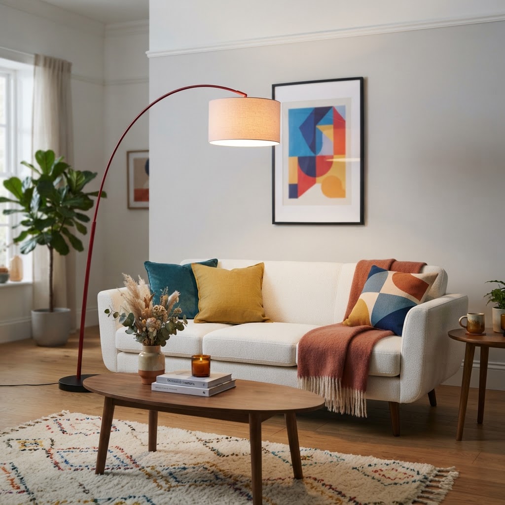 Arched floor lamps serve as both task lighting and a sculptural art piece.