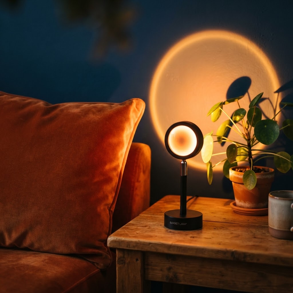Soft orange light from a sunset lamp highlights home decor textures.