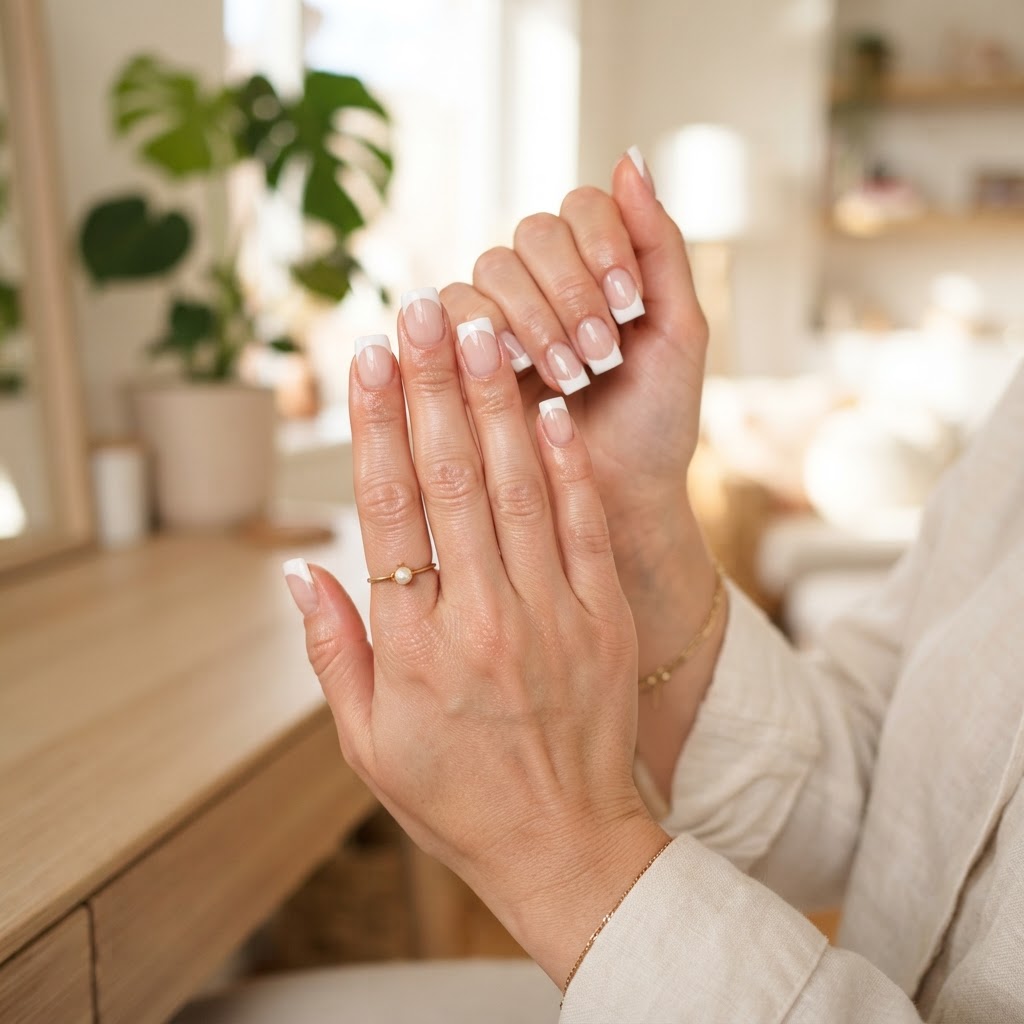 Classic french tip nails created at home.