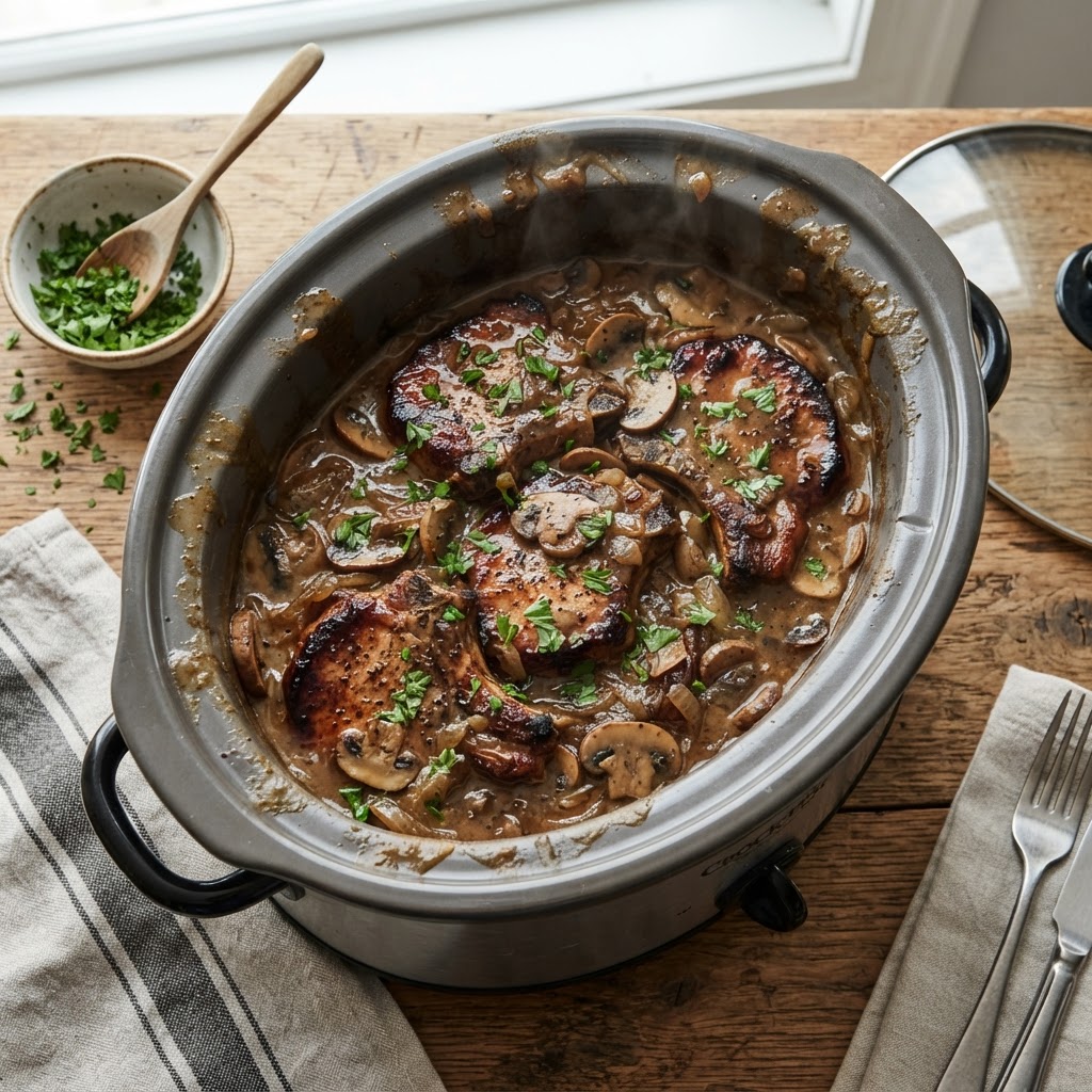 Perfectly smothered pork chops ready to serve.