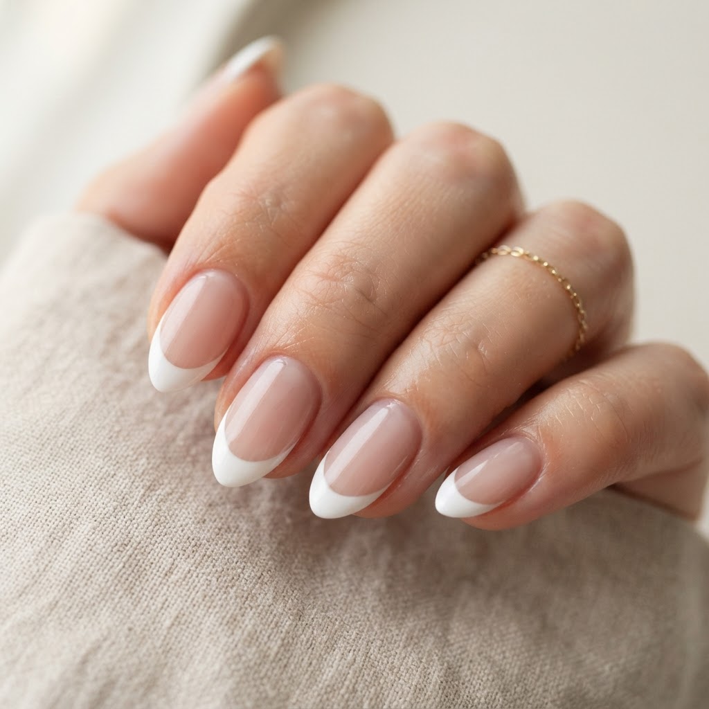Classic short almond French tip nails.