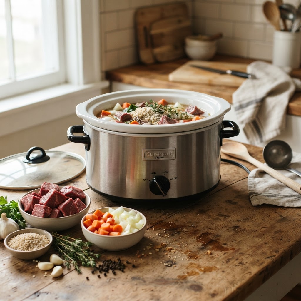 Preparing the ingredients for a classic slow cooker beef stew.