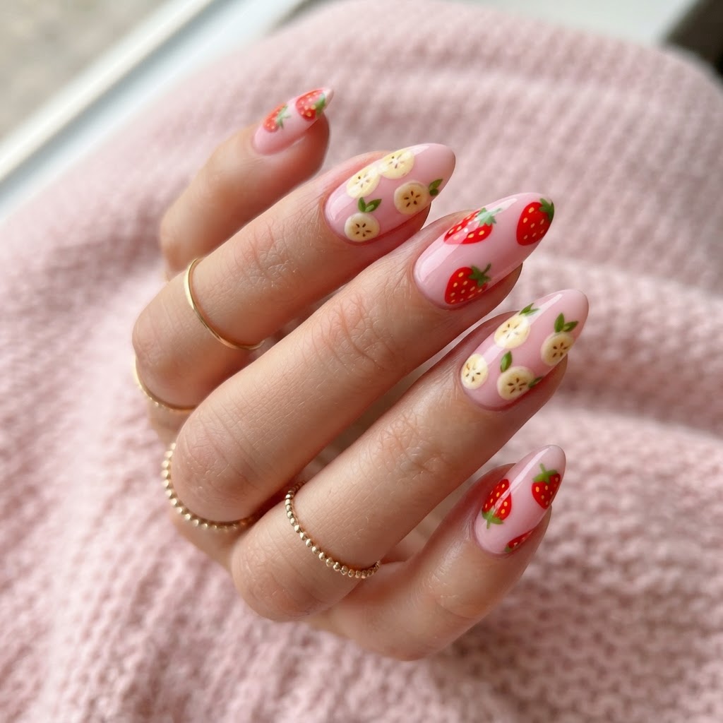Trendy strawberry banana fruit nails.