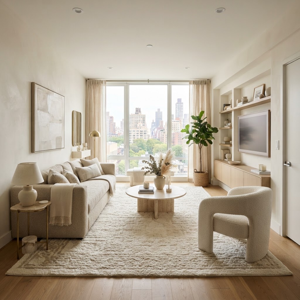 A correctly sized rug anchors your furniture and defines the living zone.