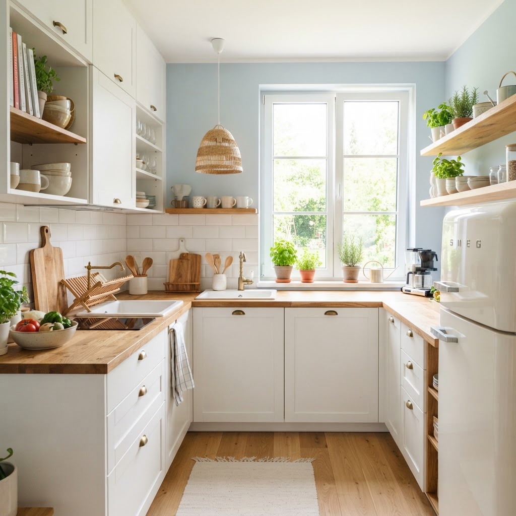 Light walls and white cabinets work together to brighten this small kitchen.