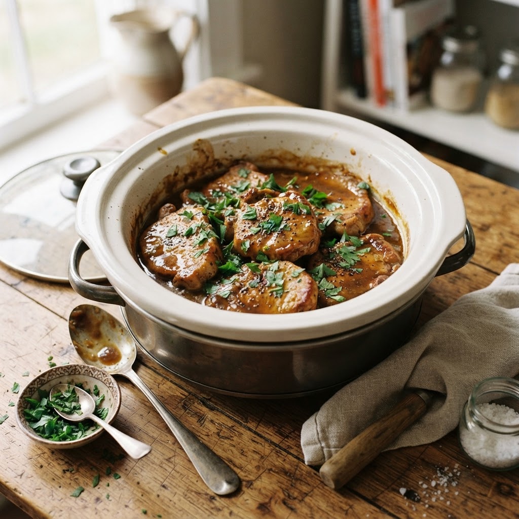 Rich and tender slow cooker pork chops ready to be served.