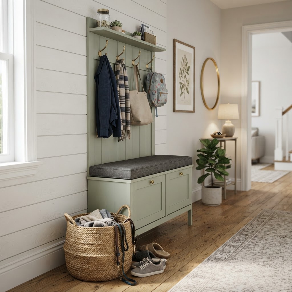 Customized entryway bench with wall-mounted hooks.