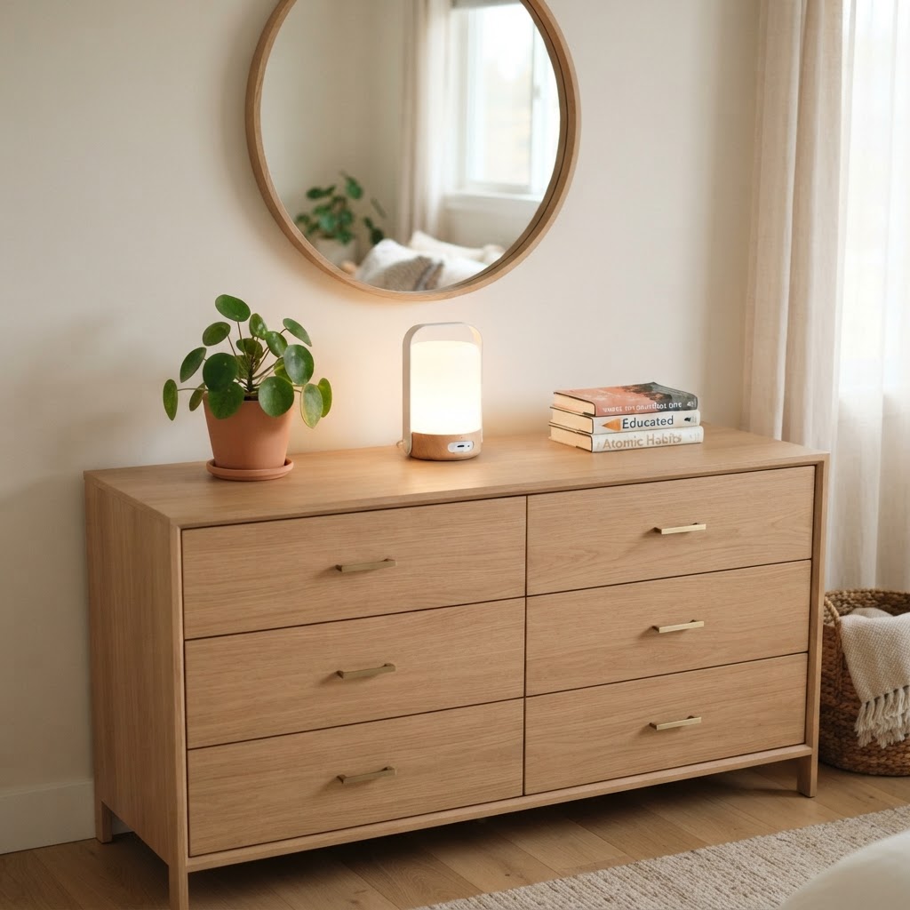 Layered lighting and decluttered surfaces make small bedrooms feel larger.